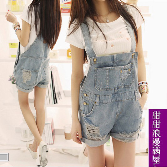 Free Shipping 2013 summer women's c0409 casual all-match water wash light blue denim bib pants shorts