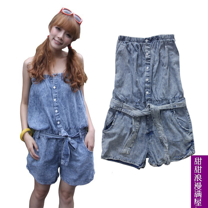 Free Shipping 2013 summer women's c4409 casual water wash light blue tube top denim jumpsuit shorts