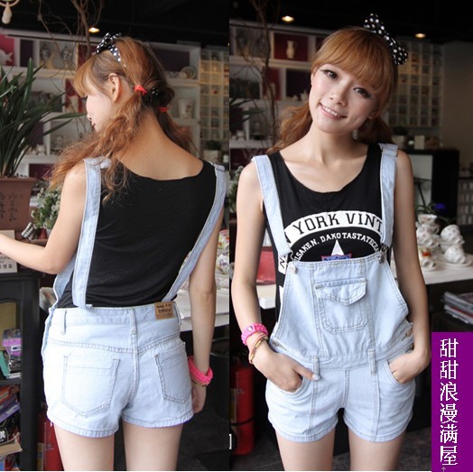 Free Shipping 2013 summer women's c5929 light blue denim suspenders one piece shorts