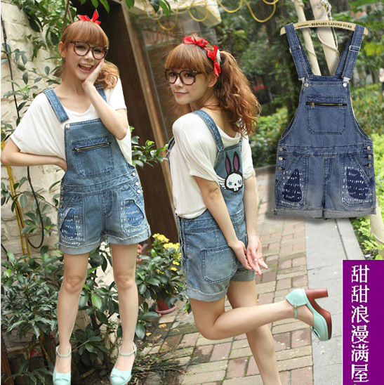 Free Shipping 2013 summer women's c9309 casual fashion unique blue denim suspenders shorts