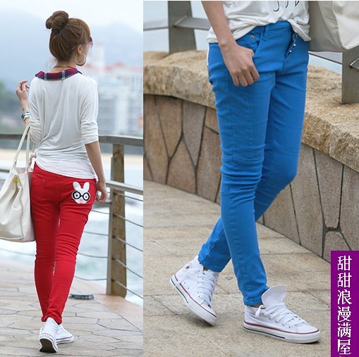 Free Shipping 2013 summer women's casual personality 375900 cartoon rabbit denim pencil pants trousers