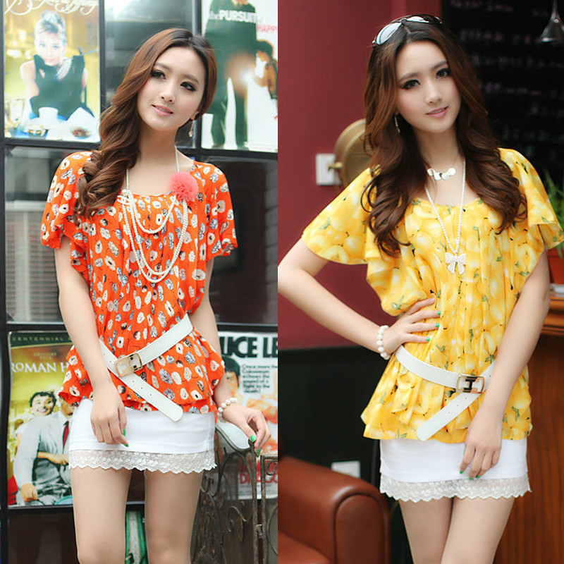 Free shipping 2013 summer women's chiffon ruffled pleated sleeve twinset skirt with belt female