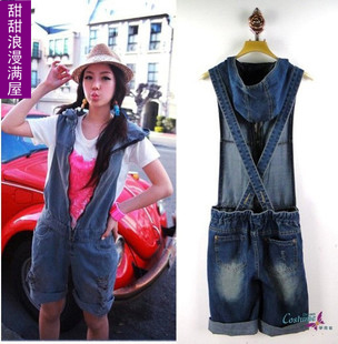 Free Shipping 2013 summer women's d703 zipper with a hood Dark Blue denim suspenders jumpsuit capris wholesale