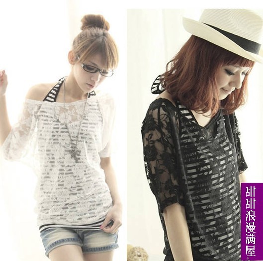 Free Shipping 2013 summer women's full crotch 134620 sweet lace shirt stripe vest twinset