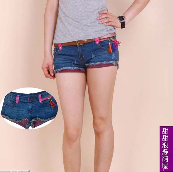 Free Shipping 2013 summer women's g707 tassel distrressed roll-up hem blue denim shorts