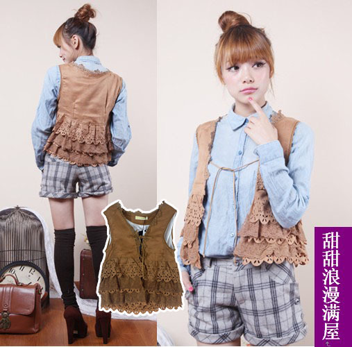 Free Shipping 2013 summer women's h5075 all-match cutout cascading laciness imitation deerskin small vest