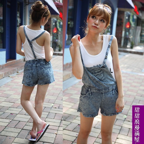 Free Shipping 2013 summer women's i c9219 sexy light blue denim shorts suspenders jumpsuit