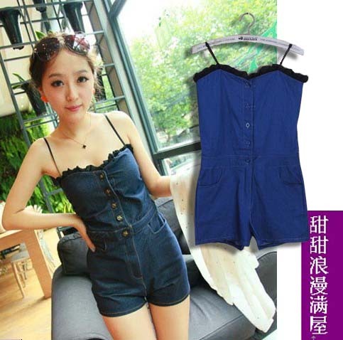 Free Shipping 2013 summer women's laciness 862941 sweet spaghetti strap tube top denim jumpsuit shorts