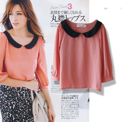 Free Shipping 2013 summer women's m53918 sweet color block peter pan collar three quarter sleeve chiffon shirt