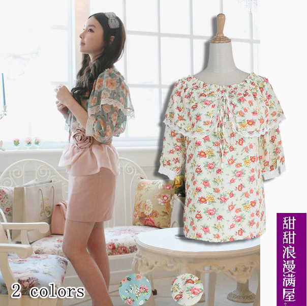 Free Shipping 2013 summer women's rustic 370426 slit neckline two ways decoration lace chiffon shirt top