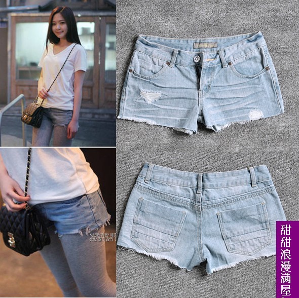 Free Shipping 2013 summer women's sexy 439303 distrressed finishing retro light blue denim shorts wholesale