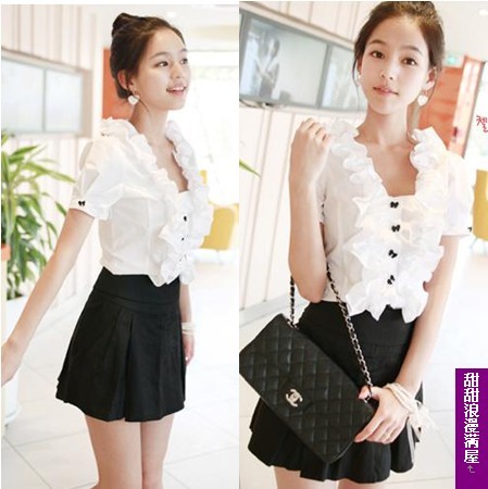 Free Shipping 2013 summer women's sweet bow ruffle laciness collar button shirt 1426 high quality