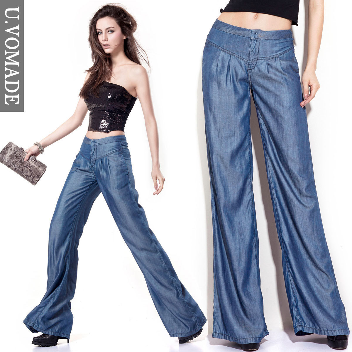 Free shipping 2013 Tencel jeans wide leg pants loose straight jeans female thin mid waist wide leg pants