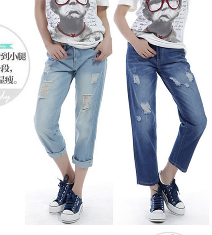 Free shipping 2013 The loose denim Korean increase the code curling sevenths holes in thin Jeans Straight