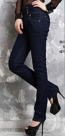 Free shipping 2013 The new high waisted jeans female retro court buckle double-breasted slim slim pencil pants pants  YWK076