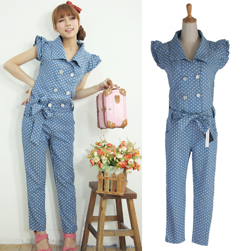 Free shipping, 2013 turn-down collar double breasted polka dot bow belt denim rompers 61218