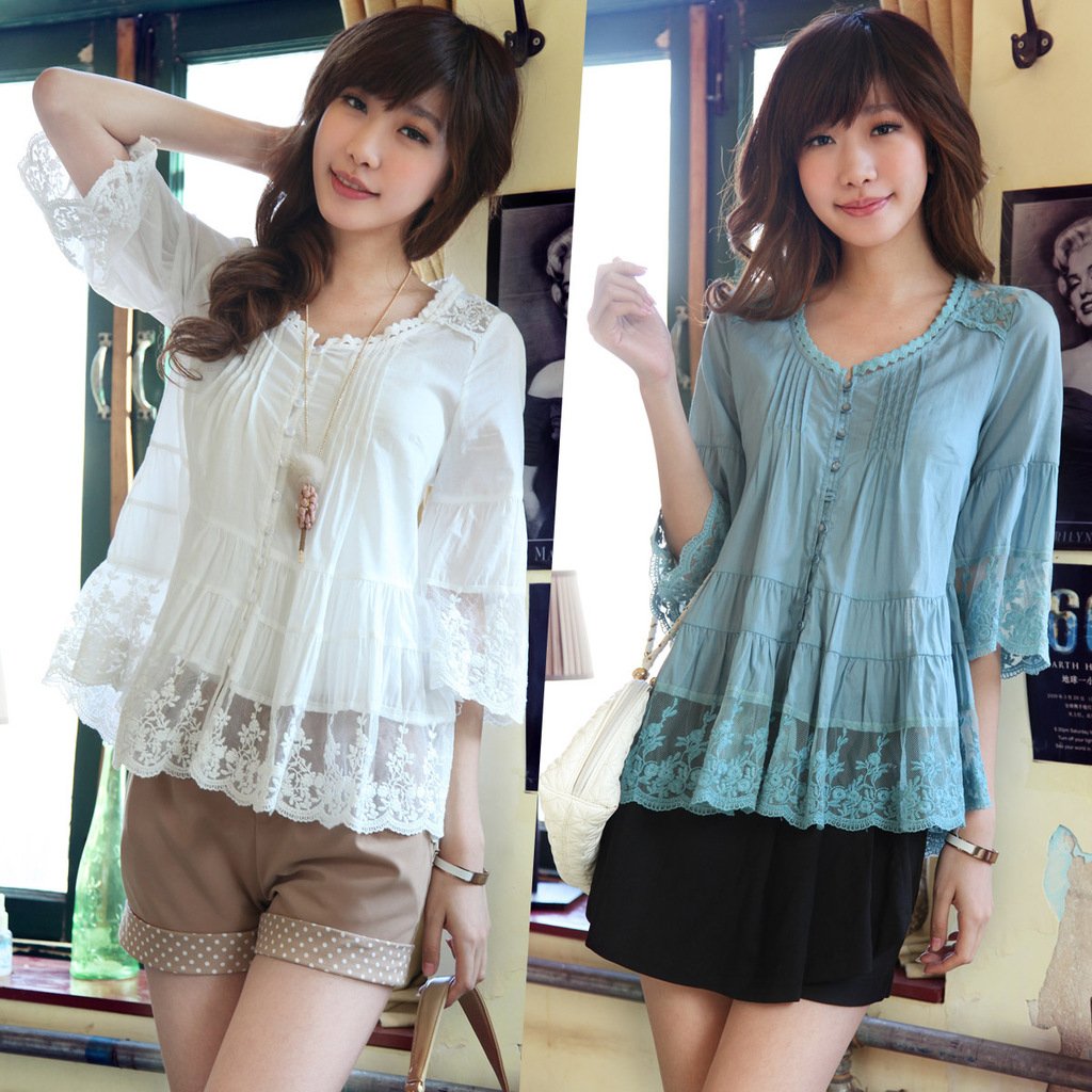 Free shipping 2013 V-neck lace half sleeve shirts Blouses women 224F