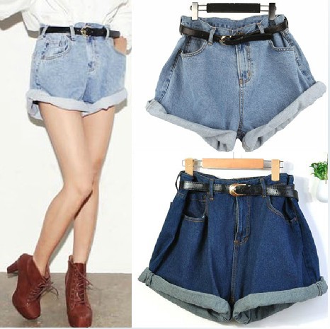 Free Shipping 2013 Vintage High-waist Denim Shorts Women Loose Wash Blue Jeans Short pants With Belt Casual Wear Size:XS-XL