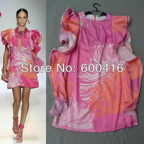 Free Shipping 2013  Wave Sleeve Printed Ruffles Dress 130206YB05