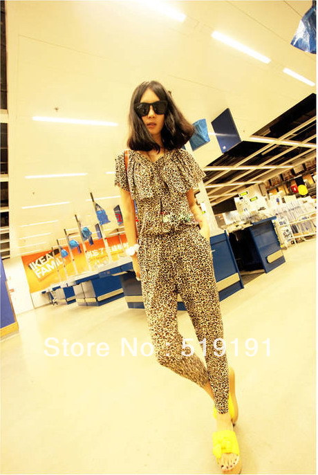 Free shipping 2013 western style leopard print ruffle jumpsuit overall,long jumpsuit,harem pants,casual pants