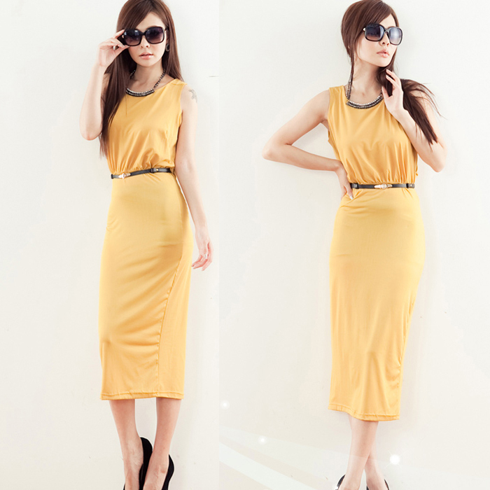 Free shipping 2013 Western Style New Women's Maxi Dress Round Collar Sleeveless Backless Yellow Long Dress