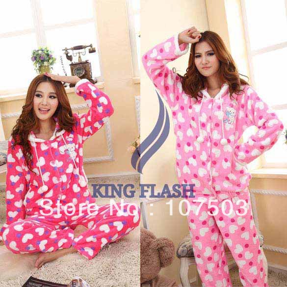 Free shipping 2013 Winter Thicken Warm Women's Pajamas Set Heart Coral Fleece Homewear 9279