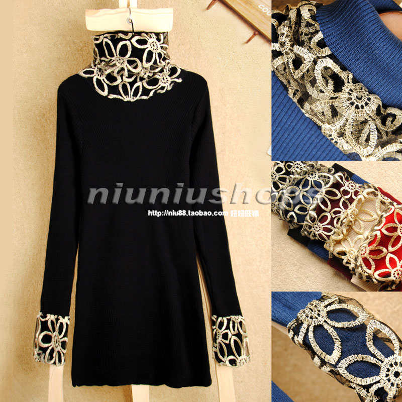 Free Shipping, 2013 winter women's lace turtleneck long-sleeve slim basic shirt medium-long pullover sweater