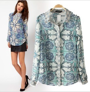 free shipping,2013 woman new fashion spring Rivets print chiffon long-sleeved shirt,blouses