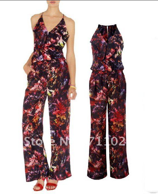 Free Shipping  2013 Woman's Paint splash floral print full length wide leg jumpsuit with front frill and branded cord ends  3pcs