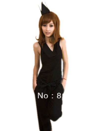 free shipping 2013 women new fashion black sexy backless v neck halter long design jumpsuits rompers ladies casual pants 396