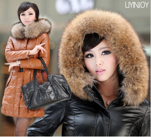 Free shipping 2013  women PU leather down jacket