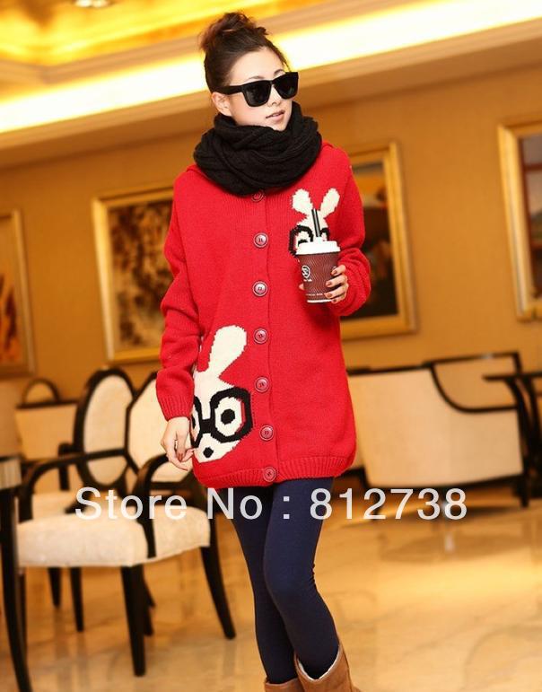 Free shipping 2013 women rabbits glasses jacquard in grasping wool cardigan upset sweater coat