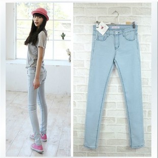 Free Shipping 2013 women's 88101 tight elastic pencil pants skinny pants light blue denim trousers wholesale