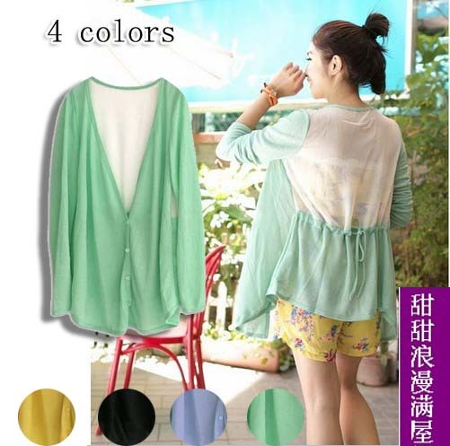 Free Shipping 2013 women's 95299 casual all-match fresh drawstring cotton chiffon cardigan air conditioning coat shirt wholesale