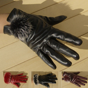 Free Shipping, 2013 women's autumn and winter leather gloves cute rabbit fur ball thermal gloves thermal leather gloves