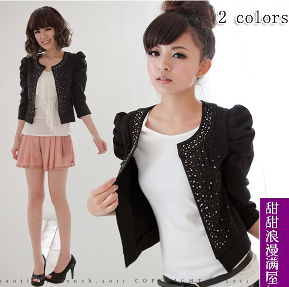 Free Shipping 2013 women's autumn c88213 puff sleeve rhinestone pasted slim coat wholesale