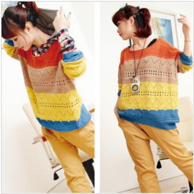 FREE SHIPPING/2013  women's color block cutout crochet shirt wave stripe long-sleeve batwing shirt pullover sweater,S-818