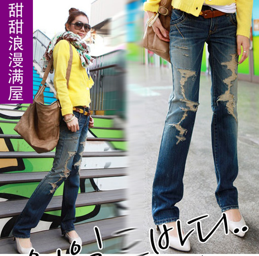 Free Shipping 2013 women's d032 reminisced distrressed casual fashion letter slim legs denim trousers