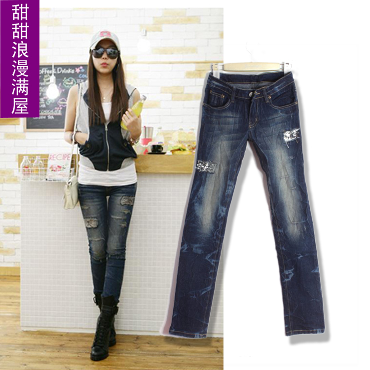 Free Shipping 2013 women's d763 casual water wash crumple sequin patch for the elastic denim pencil trousers