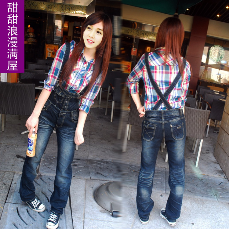 Free Shipping 2013 women's d771 casual preppy style real pictures with model 2 black denim suspenders trousers