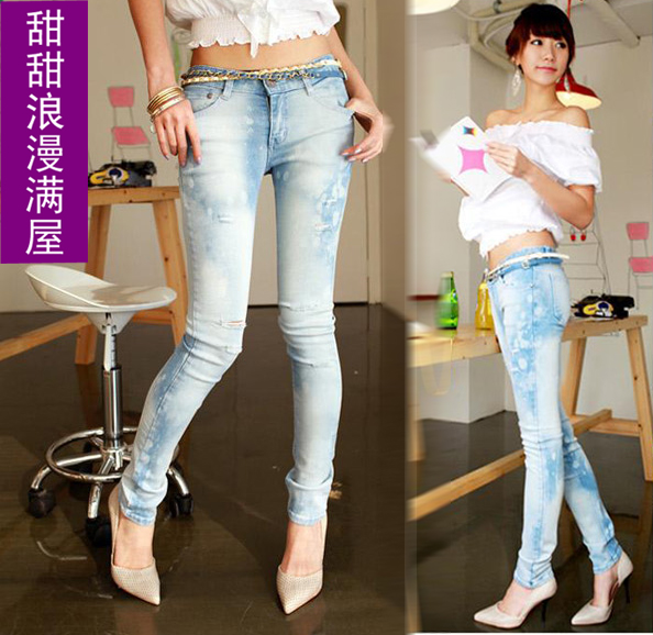 Free Shipping 2013 women's d862 casual hole wearing white ultra elastic light blue denim pencil trousers wholesale