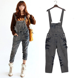 Free Shipping 2013 women's excellent big pocket casual denim suspenders trousers 1329 high quality