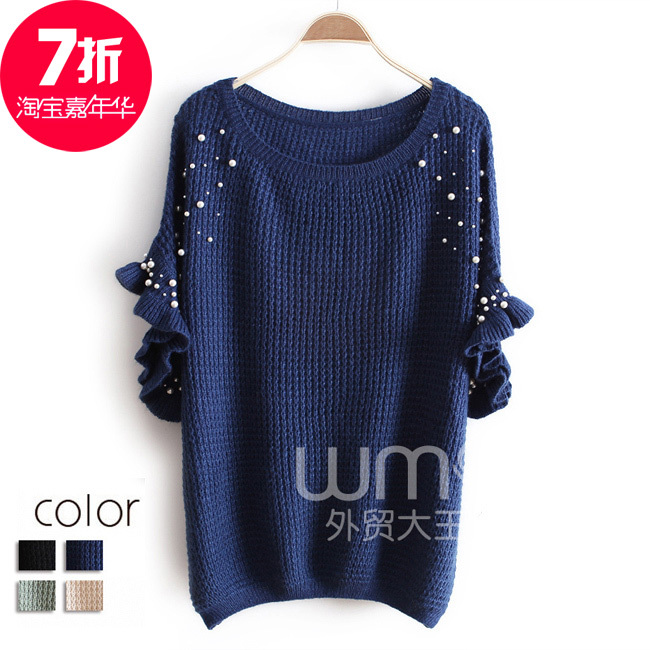 free shipping 2013 women's fashion batwing sleeve pearl decoration medium-long plus size sweater wx931