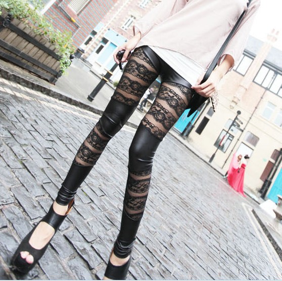 Free shipping 2013 women's fashion leather cutout lace patchwork slim legging pants female