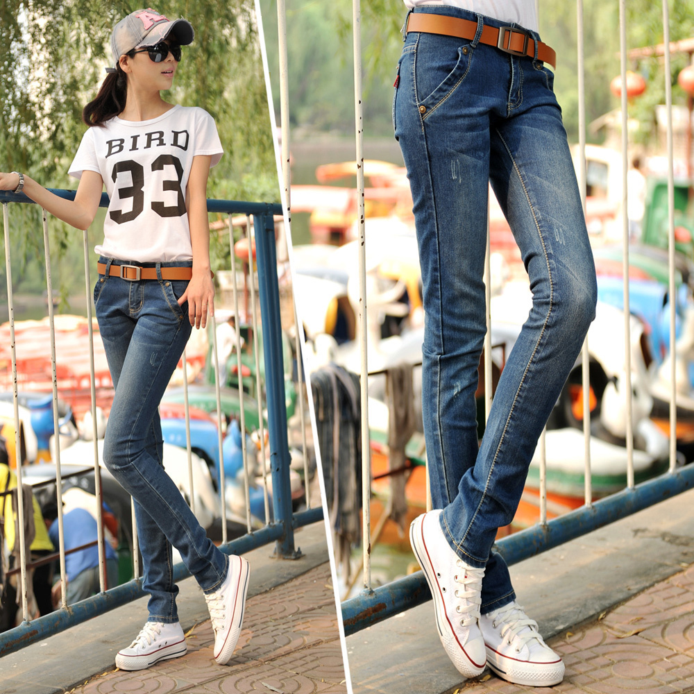 Free shipping 2013 women's jeans Distrressed light color slim pencil pants thin jeans women female skinny pants