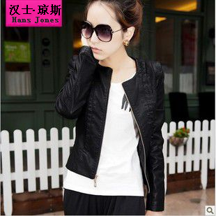 Free Shipping 2013 women's PU short jacket, slim design o-neck plus size brand leather jacket S M L XL XXL XXXL