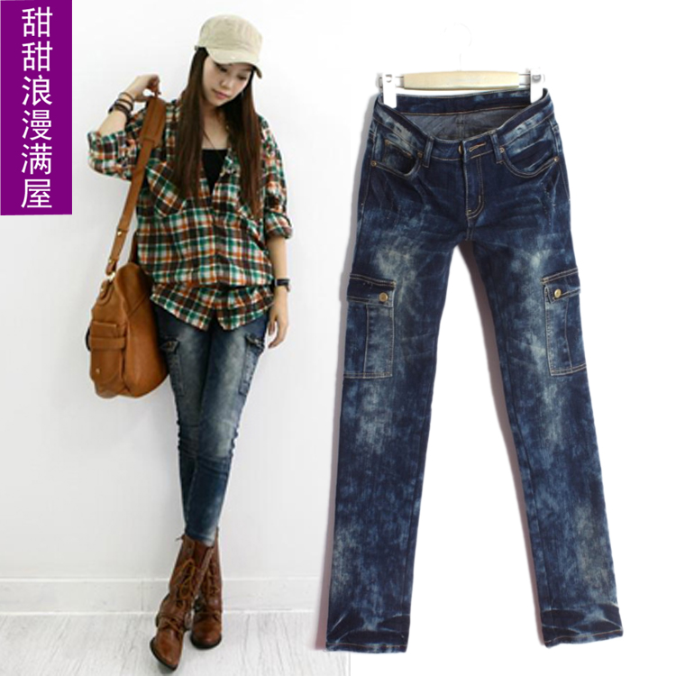 Free Shipping 2013 women's reminisced d963 casual large pocket ultra elastic denim pencil trousers