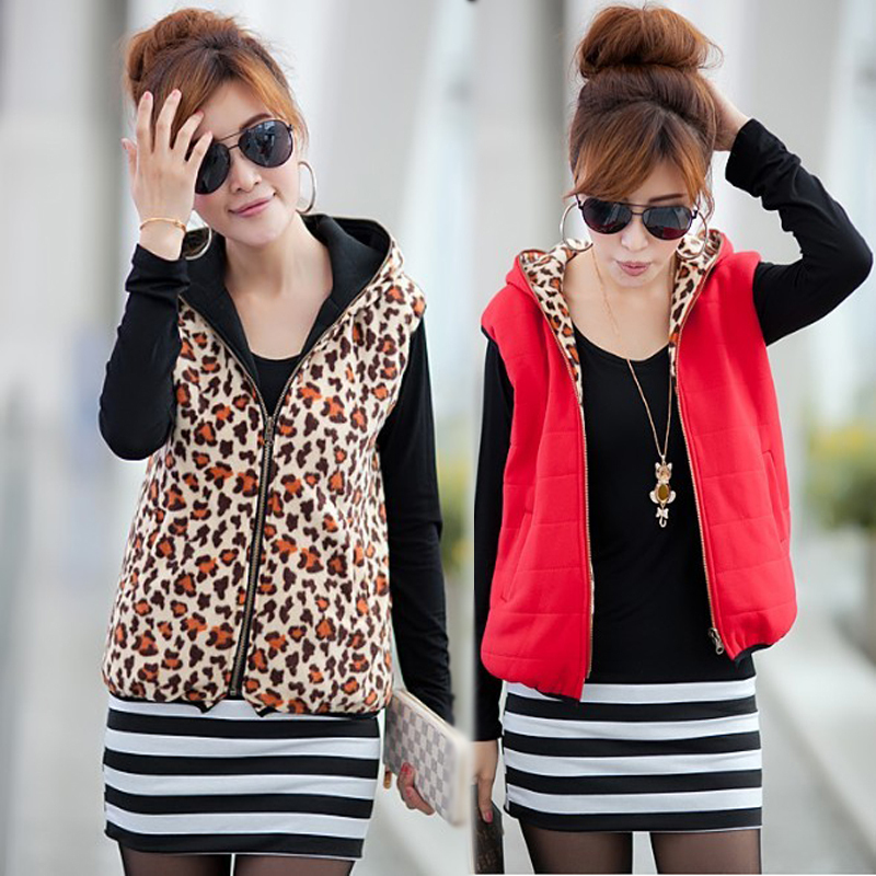 Free shipping, 2013 women's reversible cotton vest fashion with a hood leopard print slim vest