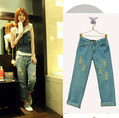 Free Shipping 2013 women's roll-up hem loose distrressed water wash light blue jeans 9325 wholesale