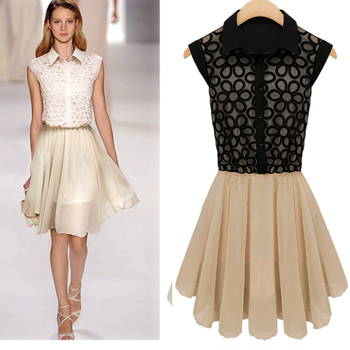 Free Shipping 2013 Women's Sophisticated Vintage Turn-down Collar Mid-calf Dress Emboridery Lace Chiffon Crochet dress